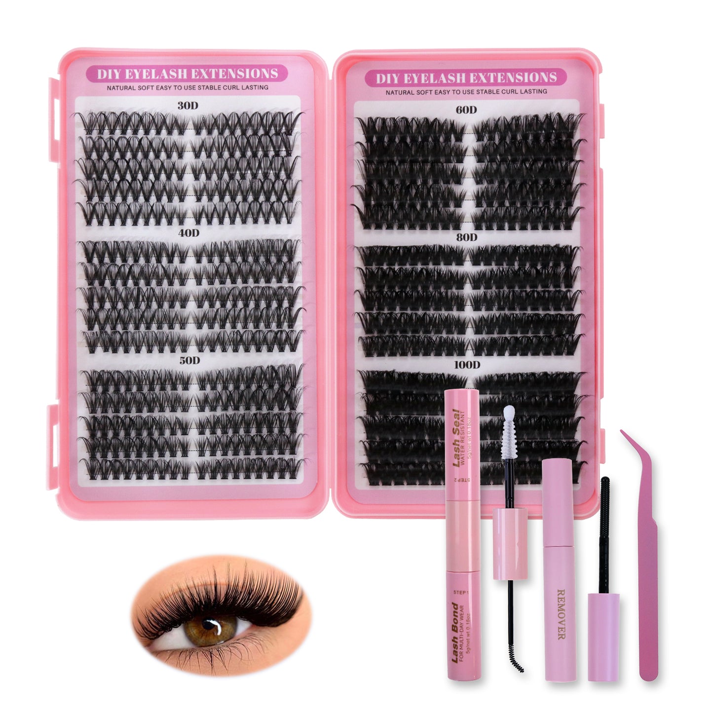 Pre-Mapped Cat Eye DIY Lash Extensions Kit (30D-100D Volume Cluster Lashes)