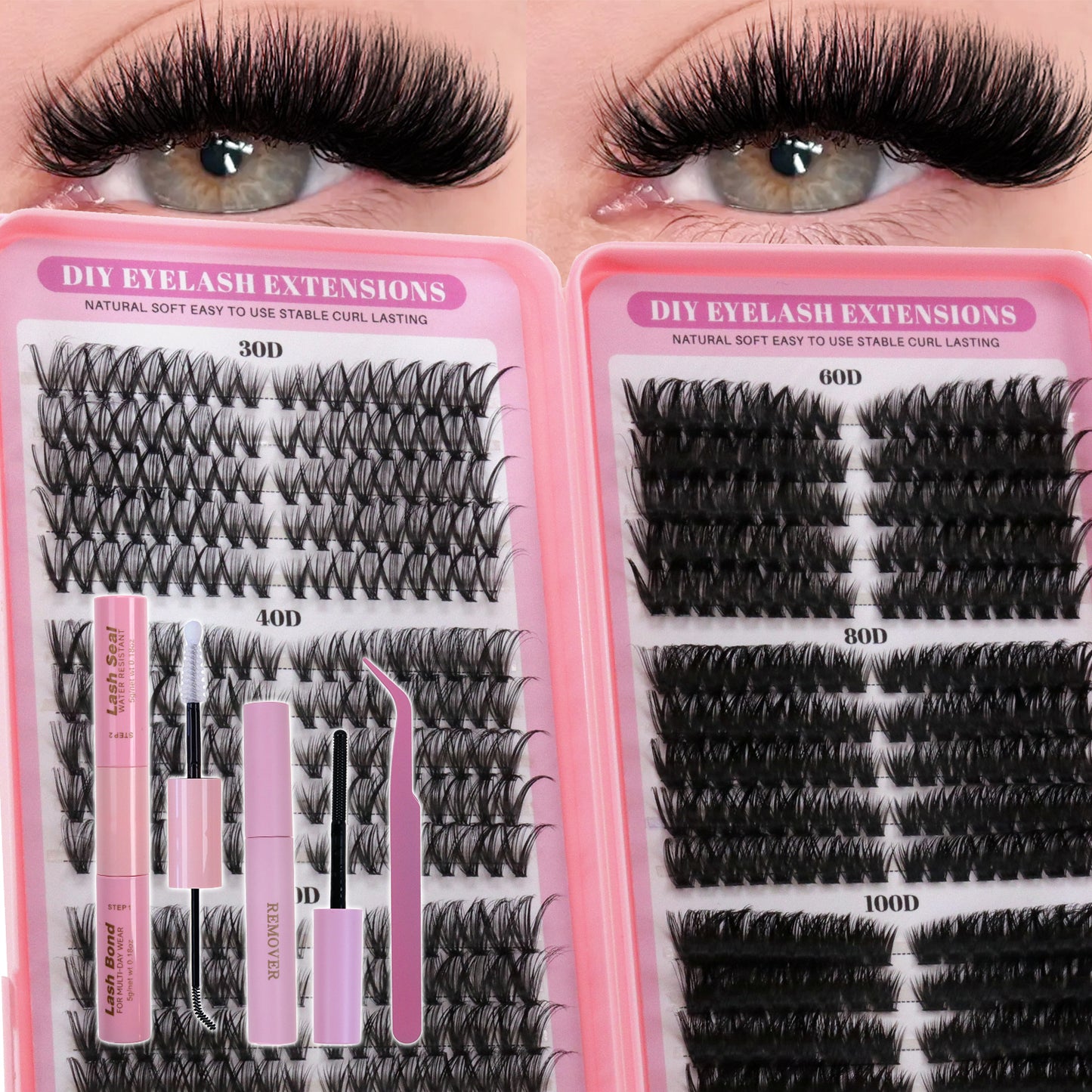 Pre-Mapped Cat Eye DIY Lash Extensions Kit (30D-100D Volume Cluster Lashes)